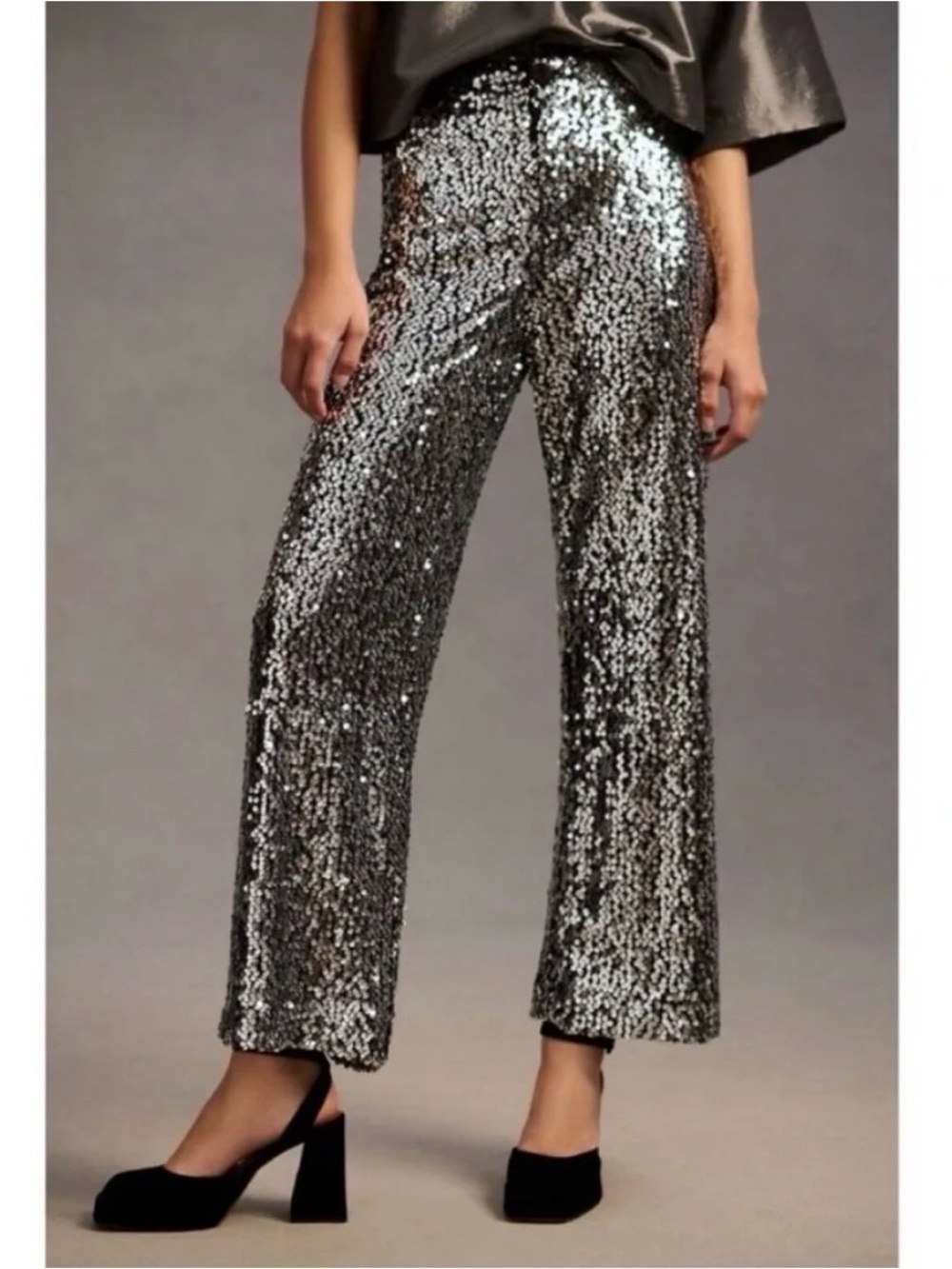 Maeve Anthropologie Sequin Wide-Leg Pants Silver - party Vegas nightclub